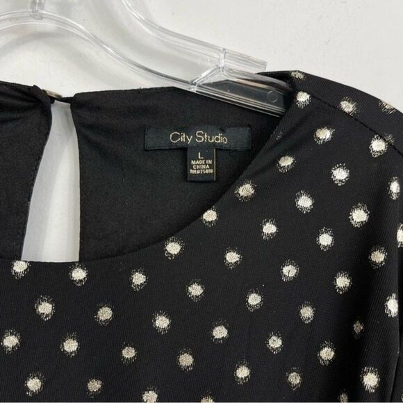 NWT City Studio Black & Metallic Gold Polka Dots Ruffled Fit & Flare Dress Black - Picture 8 of 16
